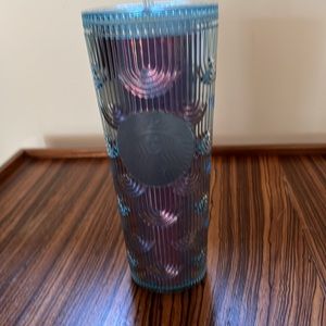 Starbucks Blue Iridescent Ribbed Tumbler - Frosted Siren Logo & Straw